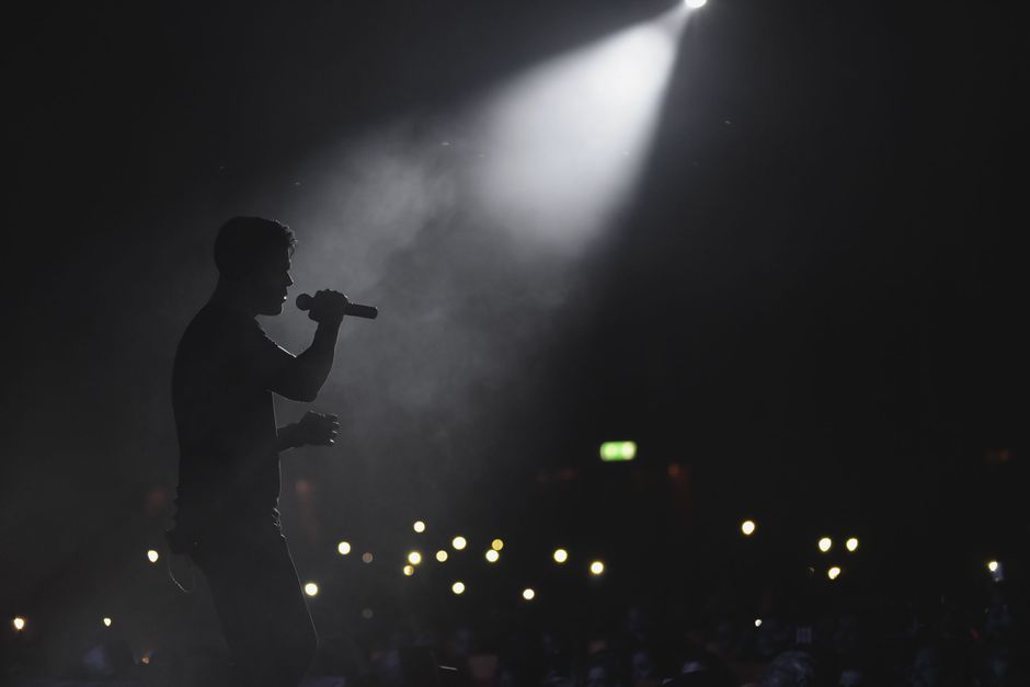 Silhouette of a singer performing under a spotlight with an audience in the dark, Tehran concert.
